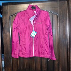 Women’s medium Columbia raincoat with attached hood. Plum color